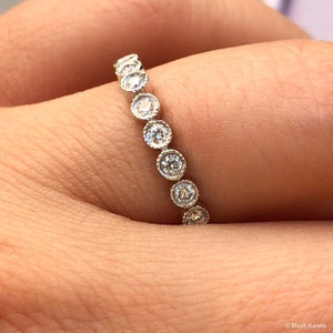 Diamond Ring - White Diamond Bezel Setting Band - Hand Milgrain Wedding Band - Solid 14K Gold Stackable Diamond Ring-Christmas Gift for her