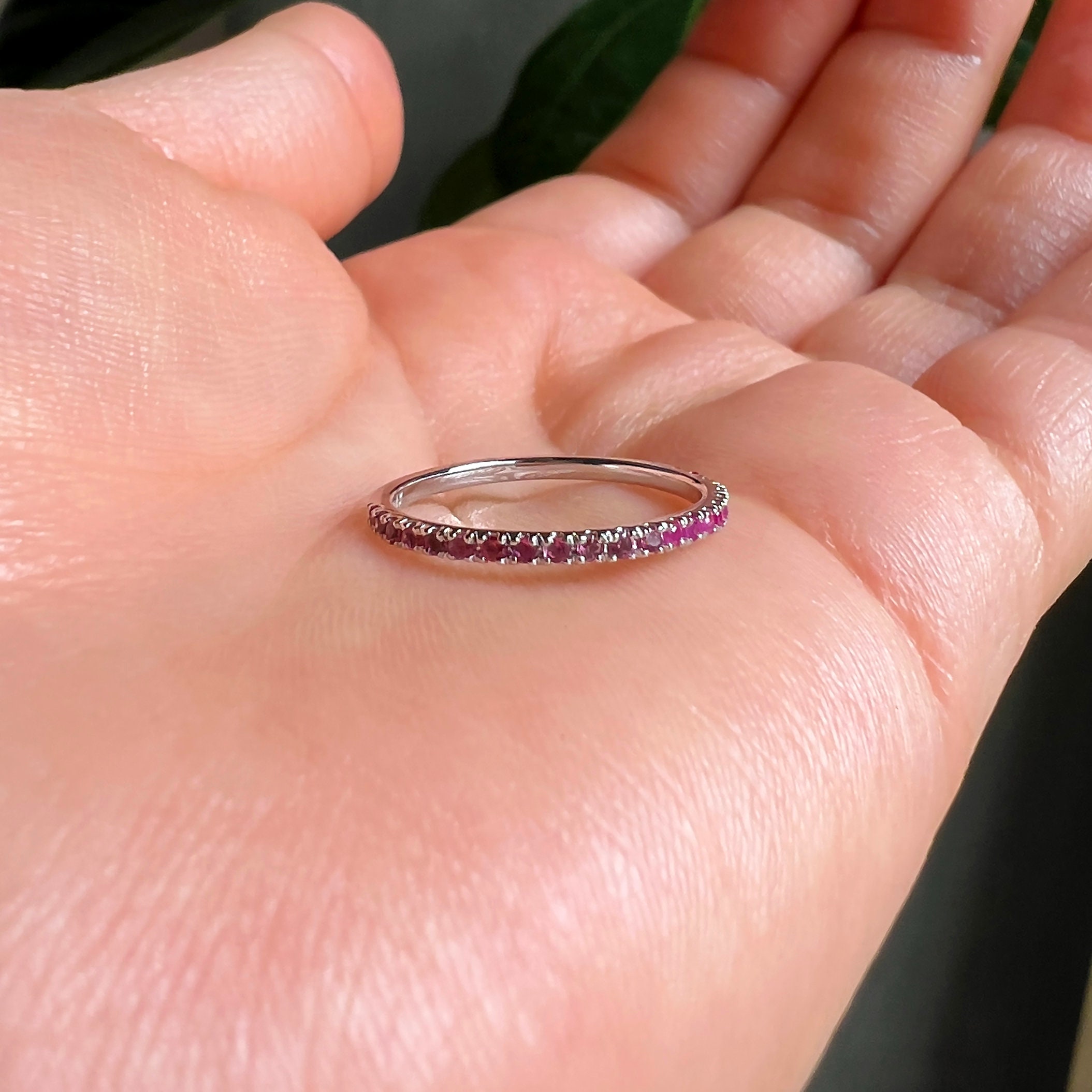 ピンクトルマリン ルビー オンブル リング、14K ホワイトゴールド