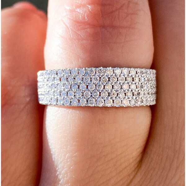 Micro Pave Ring, 5 Row Diamond Wedding Band, Half Eternity Diamond Band, Anniversary Gift For Wife, Solid 14K White Gold Wide Diamond Ring