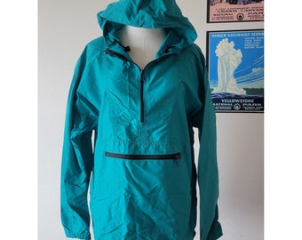 Vintage 1980s LL Bean Teal Nylon Jacket w/ Kangaroo Pocket & Hood - Unisex Large