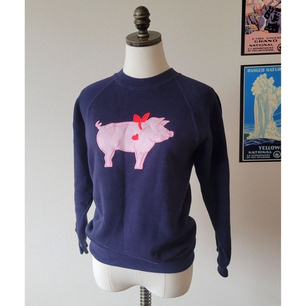 Vintage 1980s Pink Pig Navy 50/50 Crewneck Sweater - Small