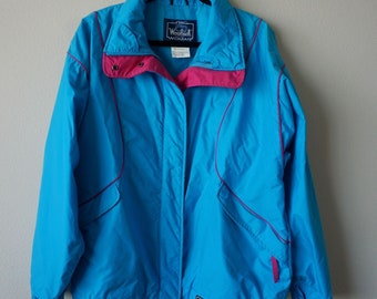 Vintage 80s The Woolrich Woman Bright Turquoise Pink Nylon Zipper Jacket - Large