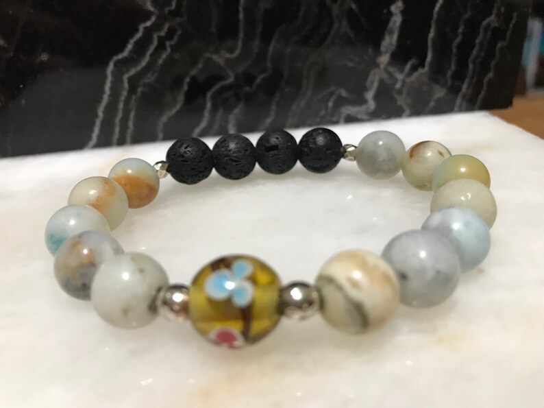 Amazonite Bracelet~Lava Bracelet~Glass Flower Charm~Yoga Bracelet~Aromatherapy Bracelet~2019 Spring Trend~Stretch Bracelet~Anxiety Bracelet