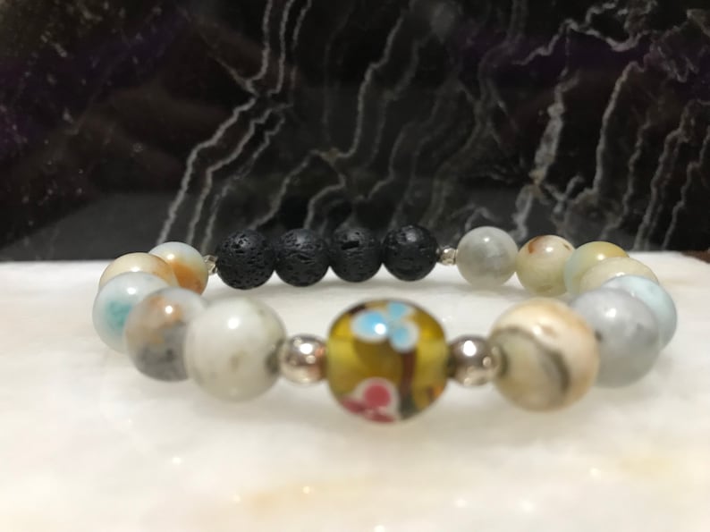 Amazonite Bracelet~Lava Bracelet~Glass Flower Charm~Yoga Bracelet~Aromatherapy Bracelet~2019 Spring Trend~Stretch Bracelet~Anxiety Bracelet