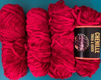 Four Skein Lot ‘Scarlet’ Lion Brand Chenille Yarn