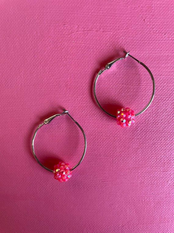 Pink 'Sparkle Ball Hoop' Pierced Earrings
