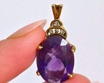 Vintage 1950s 10K Gold Amethyst Pendant, Natural Amethyst & Diamond, Purple Gemstone Statement Jewelry