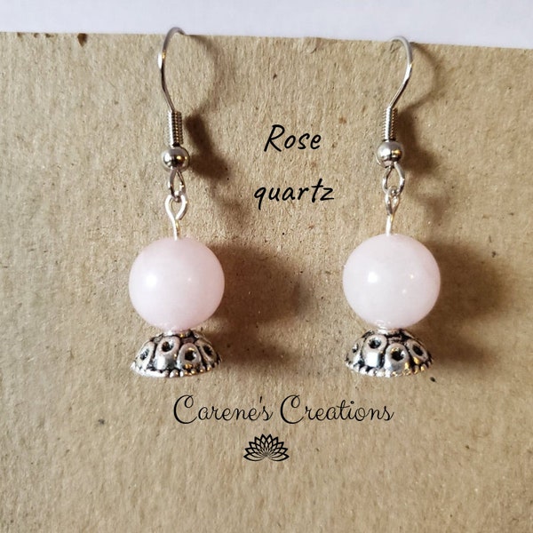 Rose Quartz earings. crystal ball earings, dangle earing, gemstone earing, rose quarts ball, hanging earing, pink ball, gemstone earings,