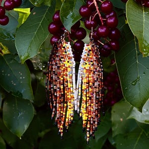 Puede incluir: Un par de pendientes con flecos de cuentas. Los pendientes presentan una mezcla de colores, incluyendo blanco, amarillo, marrón y negro. Cuelgan delante de un fondo de hojas verdes y bayas de color rojo oscuro.