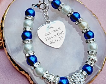 Personalized Flower Girl Bracelet, Engraved Heart Charm, Crystal Pearl Bridesmaid Proposal