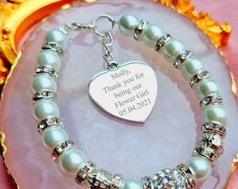 Personalized Flower Girl Bracelet, Crystal Pearl Wedding Jewelry, Engraved Gift