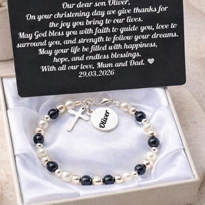 Personalised Baby Baptism Bracelet, Glass Pearl Christening Gift with Engraved Charm & Message Card image 15