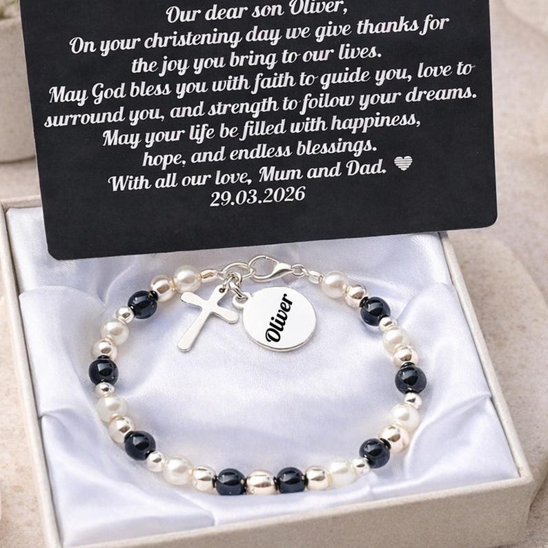 Personalised Baby Baptism Bracelet, Glass Pearl Christening Gift with Engraved Charm & Message Card image 15