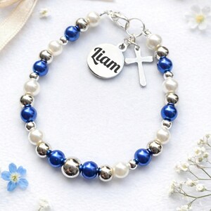 Personalised Baby Baptism Bracelet, Glass Pearl Christening Gift with Engraved Charm & Message Card image 12