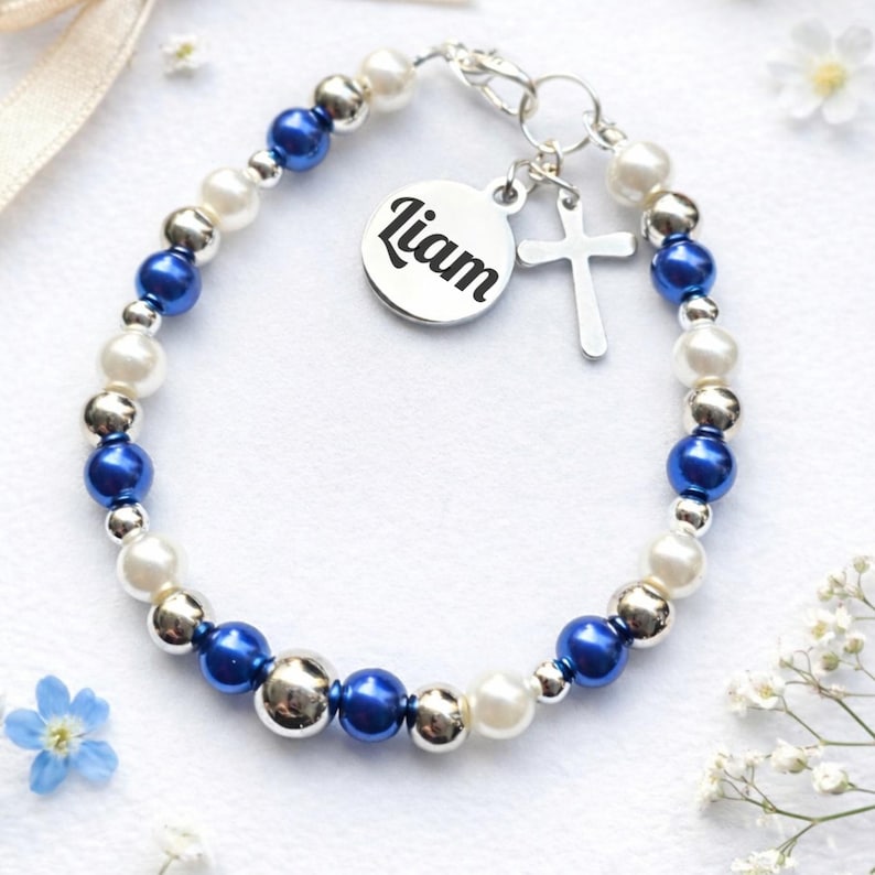 Personalised Baby Baptism Bracelet, Glass Pearl Christening Gift with Engraved Charm & Message Card image 12