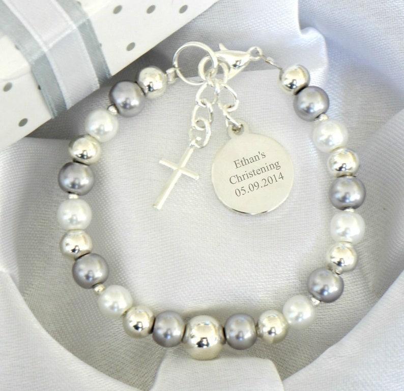 Personalised First Holy Communion Christening Baptism Baby Boy Baby Girl Bracelet Engraved Round Charm Name Day Date Keepsake Unique Gift Gray