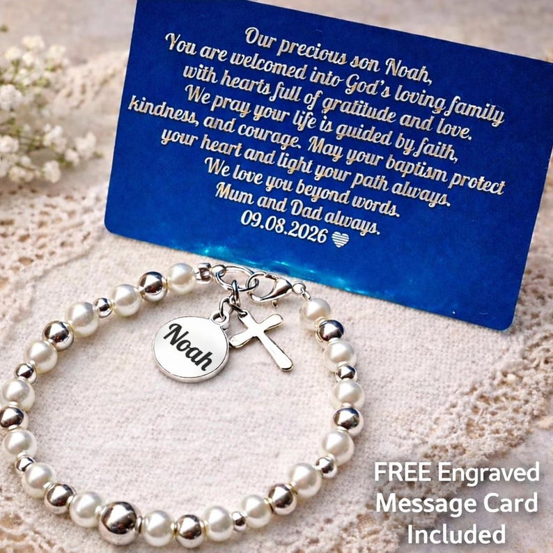 Personalised Baby Baptism Bracelet, Glass Pearl Christening Gift with Engraved Charm & Message Card image 3