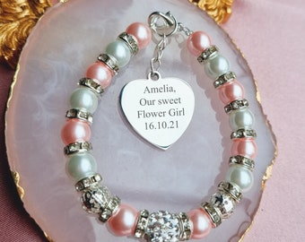 Personalized Flower Girl Bracelet: Engraved Heart Charm, Pearl Wedding Jewelry