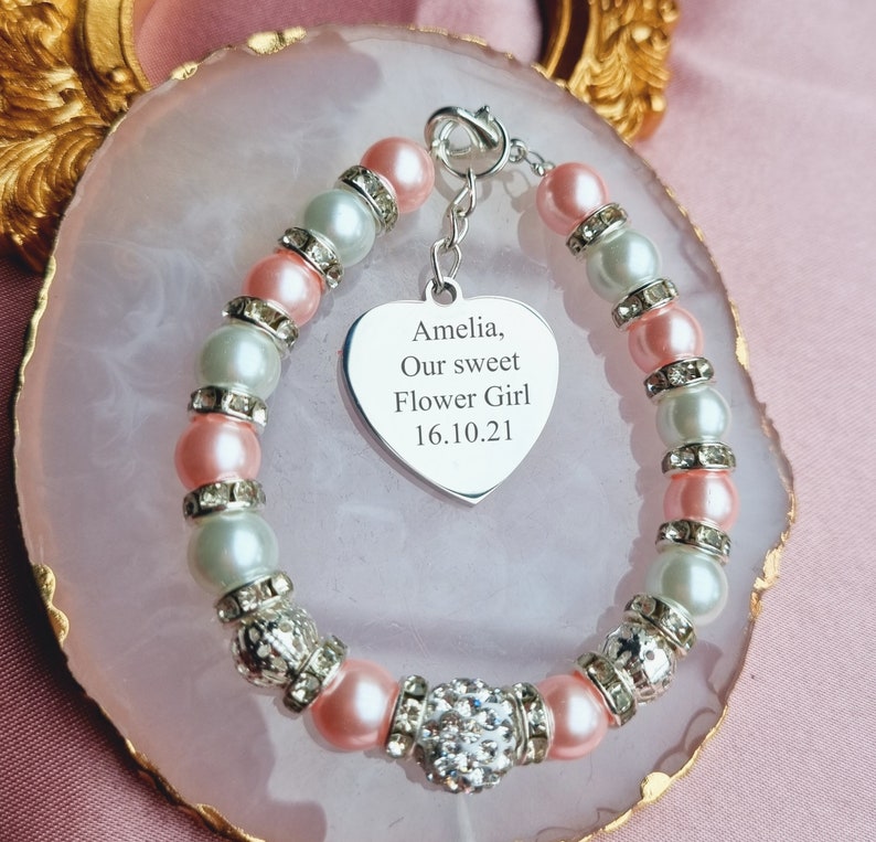 Flower Girl bracelet, Handmade Personalized Engraved Flower girl Gift, Wedding jewellery, Wedding gift, Bridesmaid Bracelet Proposal Gift image 1