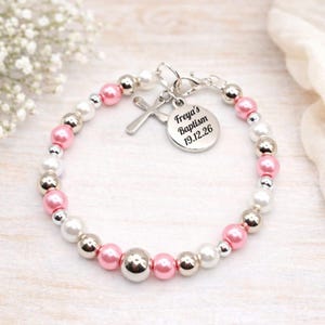 Personalised Baby Baptism Bracelet, Glass Pearl Christening Gift with Engraved Charm & Message Card image 13