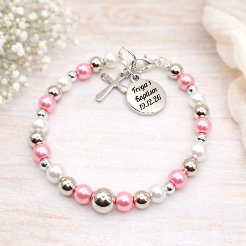 Personalised Baby Baptism Bracelet, Glass Pearl Christening Gift with Engraved Charm & Message Card image 13
