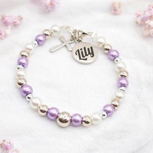 Personalised Baby Baptism Bracelet, Glass Pearl Christening Gift with Engraved Charm & Message Card image 11