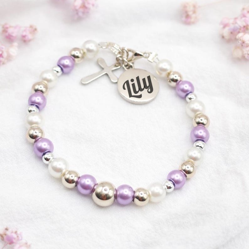 Personalised Baby Baptism Bracelet, Glass Pearl Christening Gift with Engraved Charm & Message Card image 11