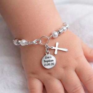 Personalised Baby Baptism Bracelet, Glass Pearl Christening Gift with Engraved Charm & Message Card image 4