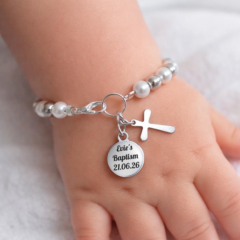 Personalised Baby Baptism Bracelet, Glass Pearl Christening Gift with Engraved Charm & Message Card image 4