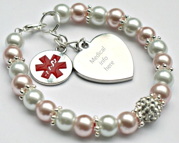 Personalized Medical ID Bracelet: Handmade Pearl Alert Bracelet