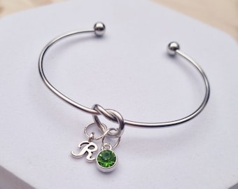 August Birthstone Gift, Personalised Birthstone and Initial Bracelet, Peridot Birthday Gift, Birthstone Bangle, Gift for her, Christmas Gift