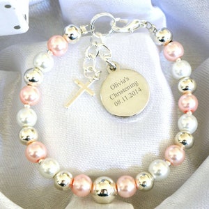 Personalised First Holy Communion Christening Baptism Baby Boy Baby Girl Bracelet Engraved Round Charm Name Day Date Keepsake Unique Gift Pink