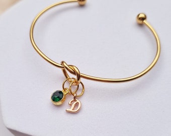 Personalised Birthstone and Initial Bangle, May Birthday Gifts for her, May Birthstone Bangle, Emerald Birthstone, Girlfriend Wife Gift