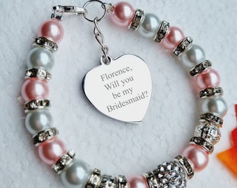 Personalized Bridesmaid Bracelet, Czech Crystal Pearl Charm, Bridal Gift