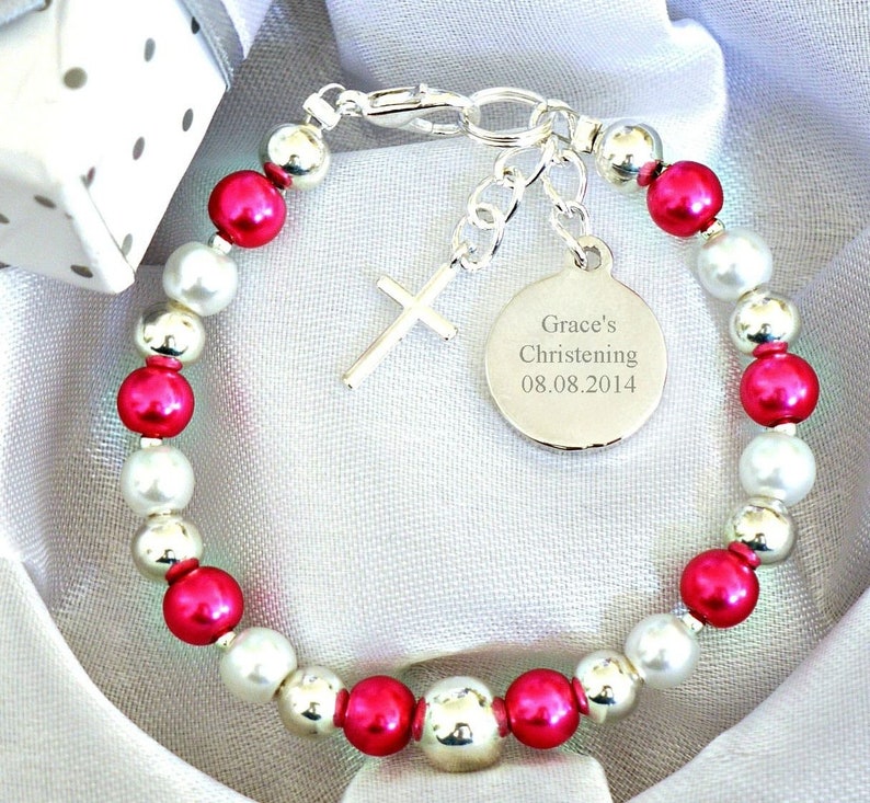 Personalised First Holy Communion Christening Baptism Baby Boy Baby Girl Bracelet Engraved Round Charm Name Day Date Keepsake Unique Gift zdjęcie 4