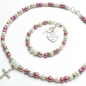 Conjunto de colar e pulseira de batizado personalizado com pingente gravado para meninas e meninos, presente de primeira comunhão personalizado para filha, afilhada, sobrinha,