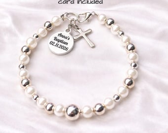 Personalised Baby Baptism Bracelet, Glass Pearl Christening Gift with Engraved Charm & Message Card