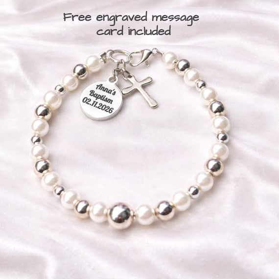 Personalised Baby Baptism Bracelet, Glass Pearl Christening Gift with Engraved Charm & Message Card
