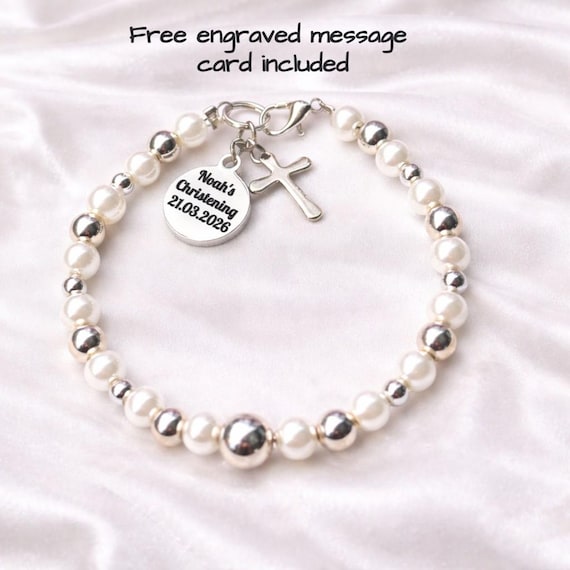 Personalised Baby Christening Bracelet with Engraved Charm – Baptism Gift, Newborn Keepsake, Baby Girl or Boy