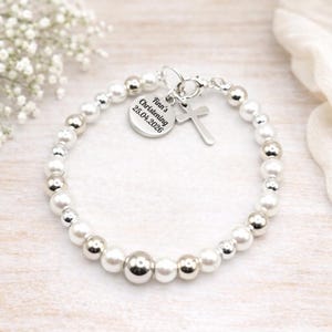 Personalised Baby Baptism Bracelet, Glass Pearl Christening Gift with Engraved Charm & Message Card image 9