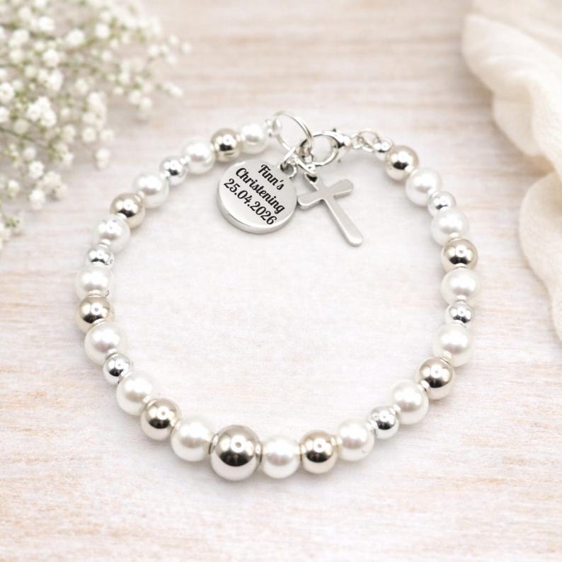 Personalised Baby Baptism Bracelet, Glass Pearl Christening Gift with Engraved Charm & Message Card image 9
