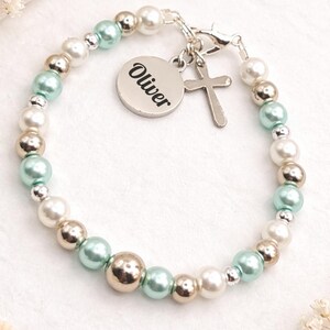 Personalised Baby Baptism Bracelet, Glass Pearl Christening Gift with Engraved Charm & Message Card image 14