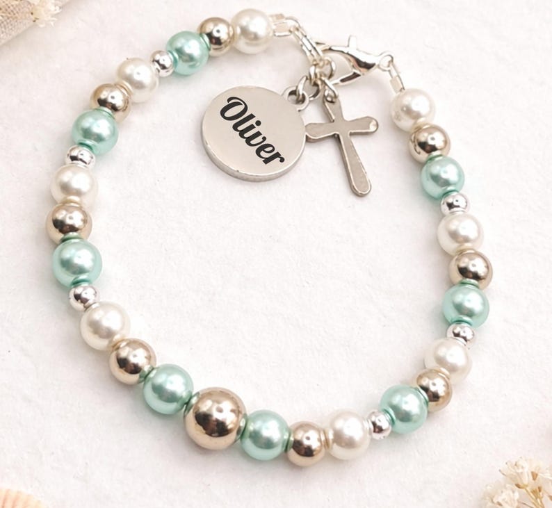 Personalised Baby Baptism Bracelet, Glass Pearl Christening Gift with Engraved Charm & Message Card image 14