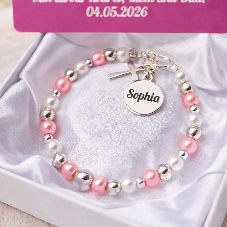 Personalised Baby Baptism Bracelet, Glass Pearl Christening Gift with Engraved Charm & Message Card image 8