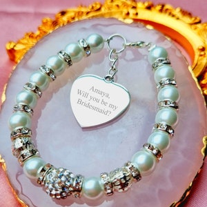 Bridesmaid Proposal Bracelet, Personalized Bridesmaid Gift, Will you be my Bridesmaid, Custom Personalised Engraved Heart charm Bridesmaid