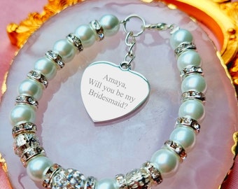 Bridesmaid Proposal Bracelet, Personalized Bridesmaid Gift, Will you be my Bridesmaid, Custom Personalised Engraved Heart charm Bridesmaid