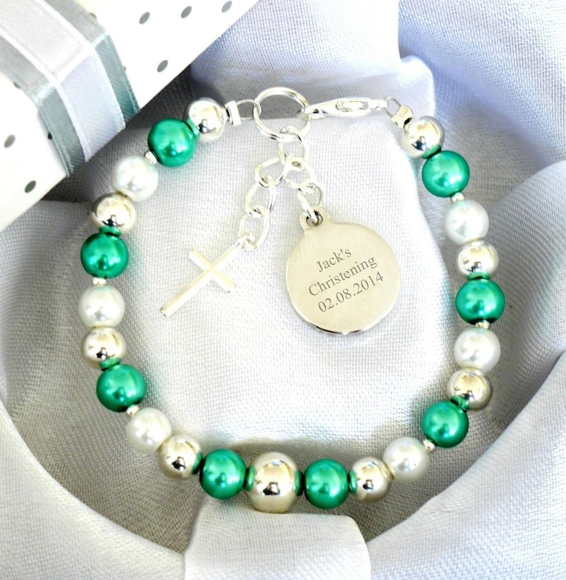 Personalised First Holy Communion Christening Baptism Baby Boy Baby Girl Bracelet Engraved Round Charm Name Day Date Keepsake Unique Gift zdjęcie 2