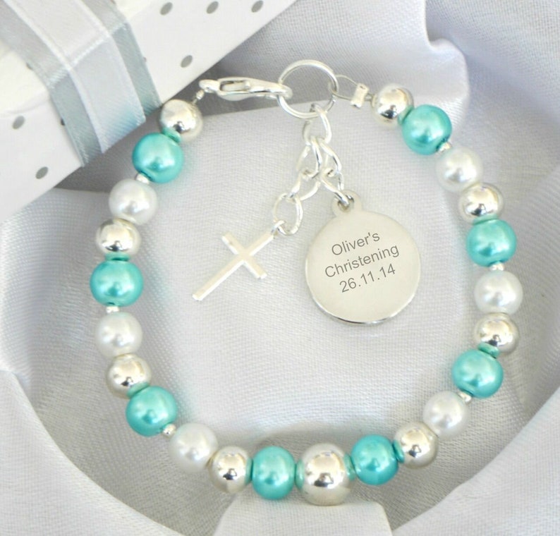 Personalised First Holy Communion Christening Baptism Baby Boy Baby Girl Bracelet Engraved Round Charm Name Day Date Keepsake Unique Gift Light Blue