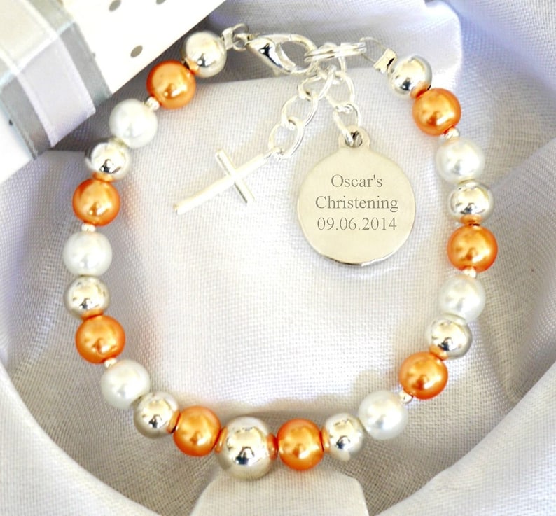 Personalised First Holy Communion Christening Baptism Baby Boy Baby Girl Bracelet Engraved Round Charm Name Day Date Keepsake Unique Gift image 3