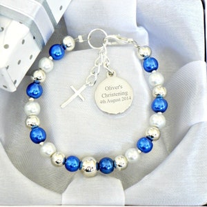 Personalised First Holy Communion Christening Baptism Baby Boy Baby Girl Bracelet Engraved Round Charm Name Day Date Keepsake Unique Gift Dark blue